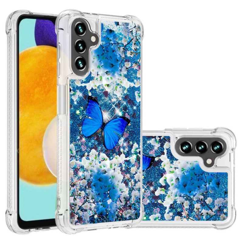 Etui Samsung Galaxy A13 5g Niebieskie Brokatowe Motyle Etui Ochronne