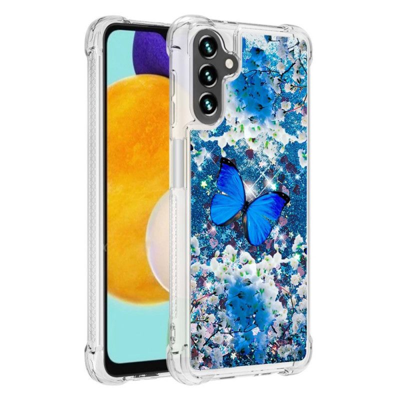 Etui Samsung Galaxy A13 5g Niebieskie Brokatowe Motyle Etui Ochronne