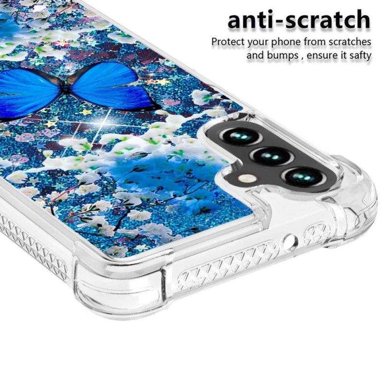 Etui Samsung Galaxy A13 5g Niebieskie Brokatowe Motyle Etui Ochronne