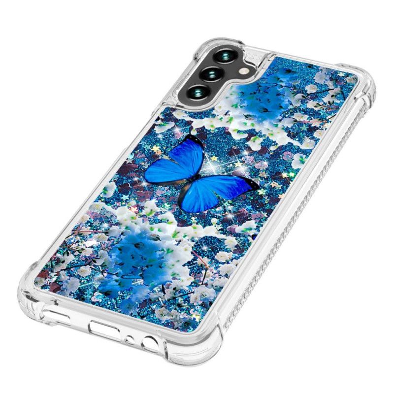 Etui Samsung Galaxy A13 5g Niebieskie Brokatowe Motyle Etui Ochronne