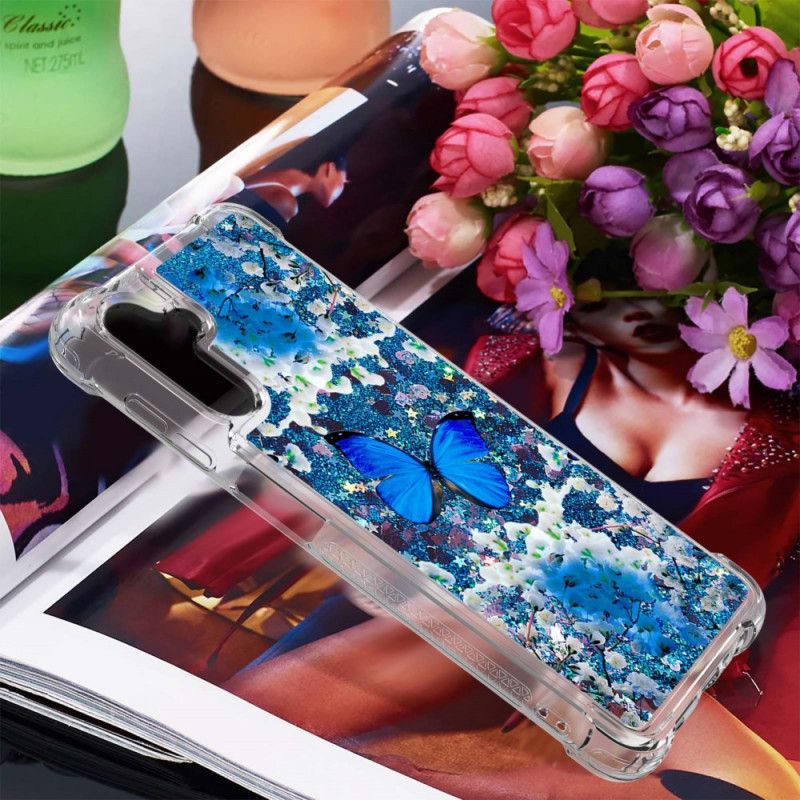 Etui Samsung Galaxy A13 5g Niebieskie Brokatowe Motyle Etui Ochronne