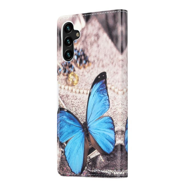 Skórzany Futerał Samsung Galaxy A13 5g Etui Na Telefon Niebieski Motyl