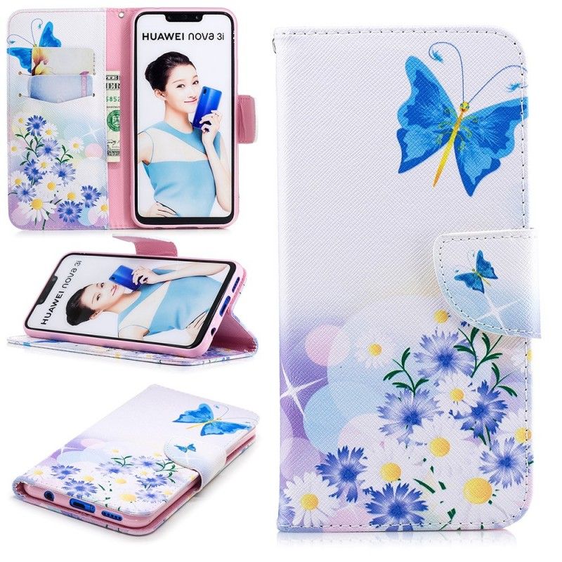 Etui Folio Huawei P Smart Plus Jasnoniebieski Magenta Malowane Motyle I Kwiaty