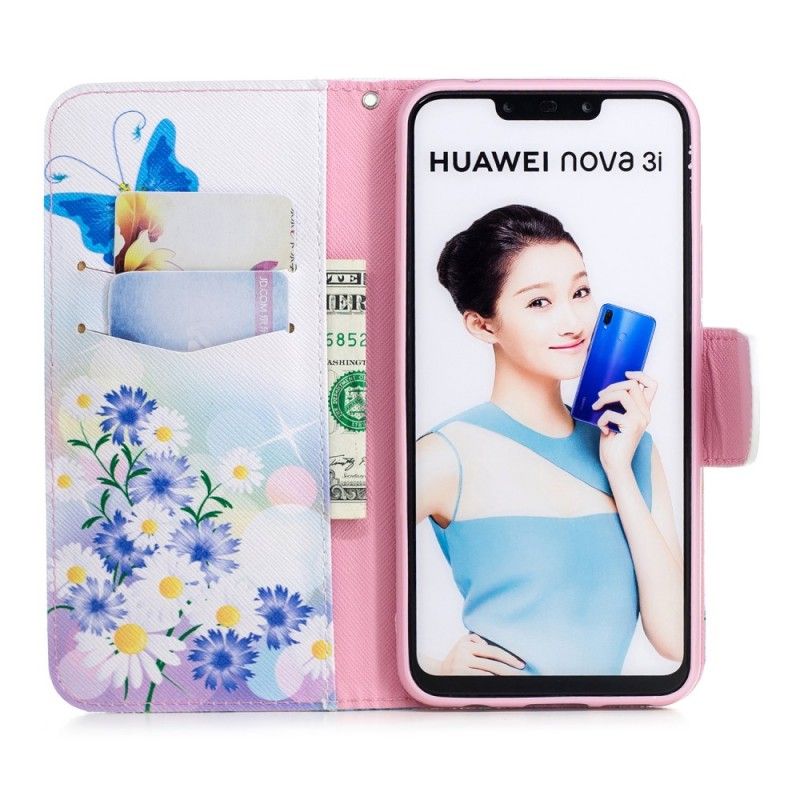 Etui Folio Huawei P Smart Plus Jasnoniebieski Magenta Malowane Motyle I Kwiaty