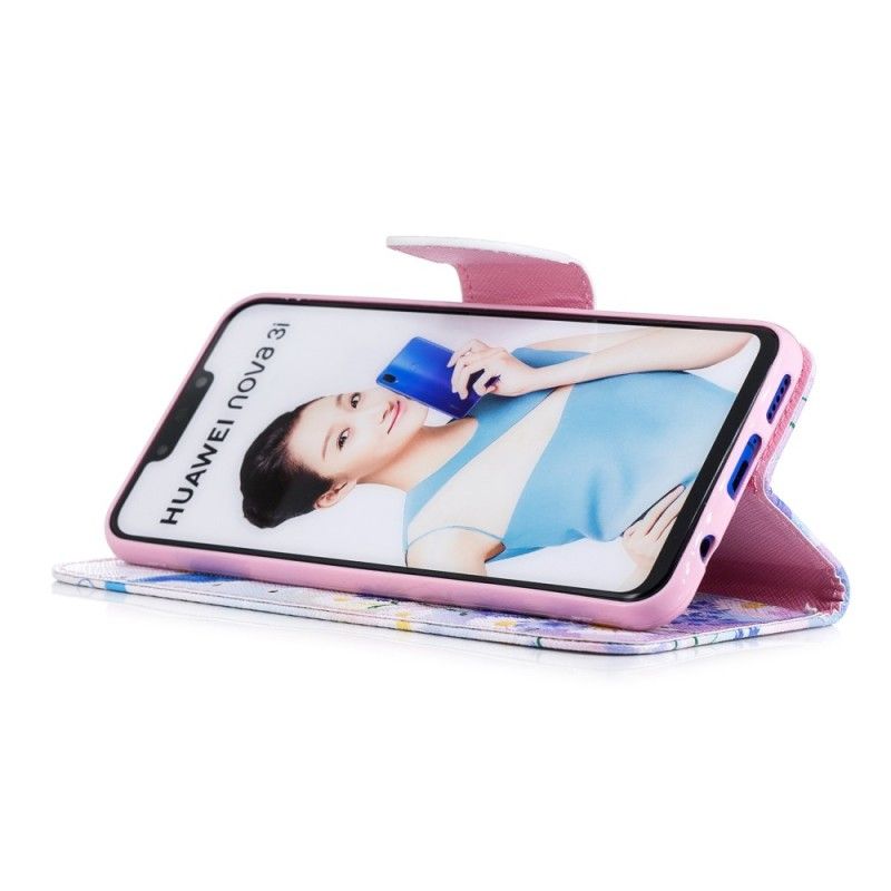 Etui Folio Huawei P Smart Plus Jasnoniebieski Magenta Malowane Motyle I Kwiaty