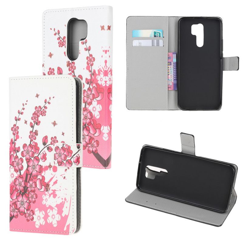 Etui Folio Xiaomi Redmi 9 Różowy Magenta Kwiaty Tropikalne Etui Ochronne