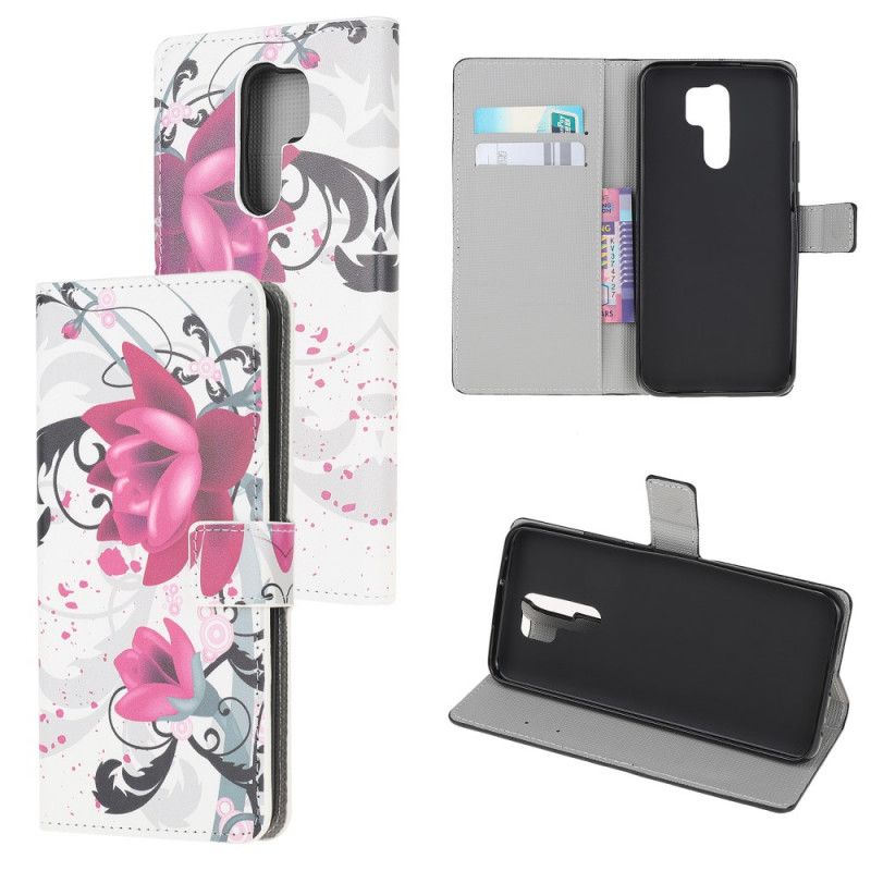 Etui Folio Xiaomi Redmi 9 Różowy Magenta Kwiaty Tropikalne Etui Ochronne