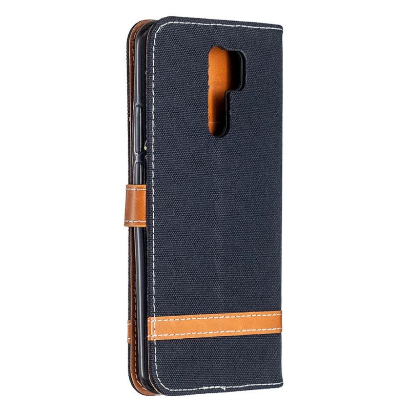 Etui Folio Xiaomi Redmi 9 Szary Czarny Efekt Tkaniny I Skóry Ze Stringami