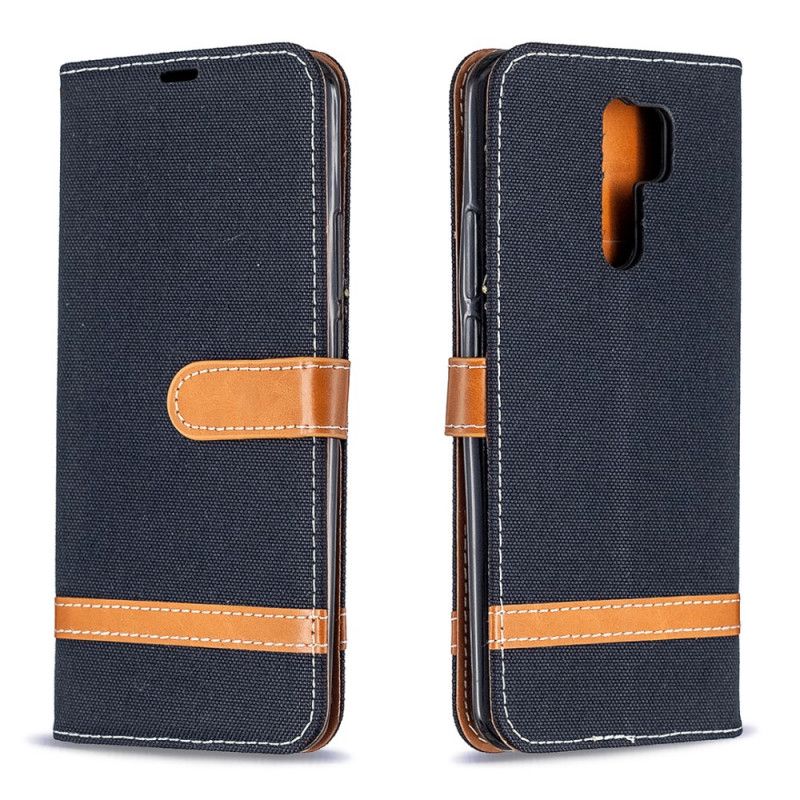 Etui Folio Xiaomi Redmi 9 Szary Czarny Efekt Tkaniny I Skóry Ze Stringami