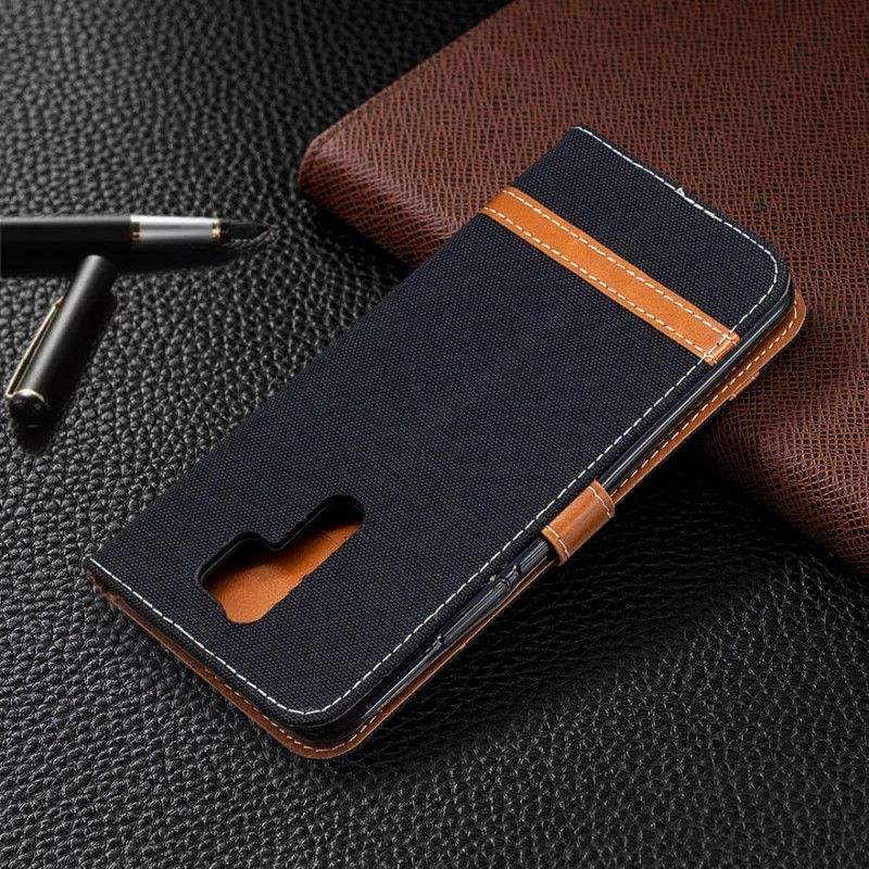 Etui Folio Xiaomi Redmi 9 Szary Czarny Efekt Tkaniny I Skóry Ze Stringami