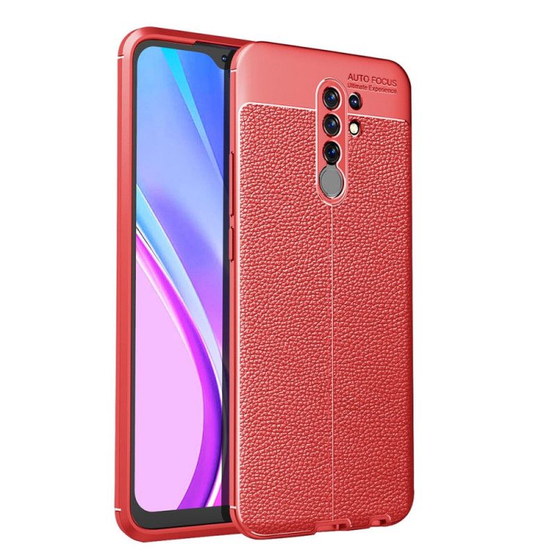 Etui Xiaomi Redmi 9 Czerwony Czarny Efekt Skóry Z Podwójną Linią Liczi