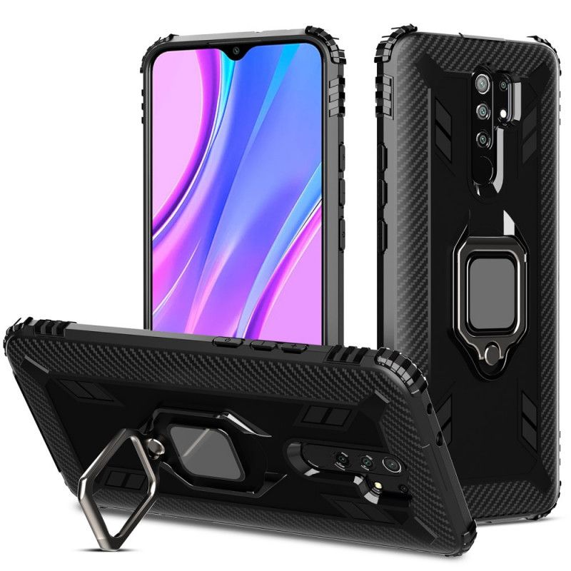 Etui Xiaomi Redmi 9 Czerwony Czarny Pierścień Z Włókna Węglowego