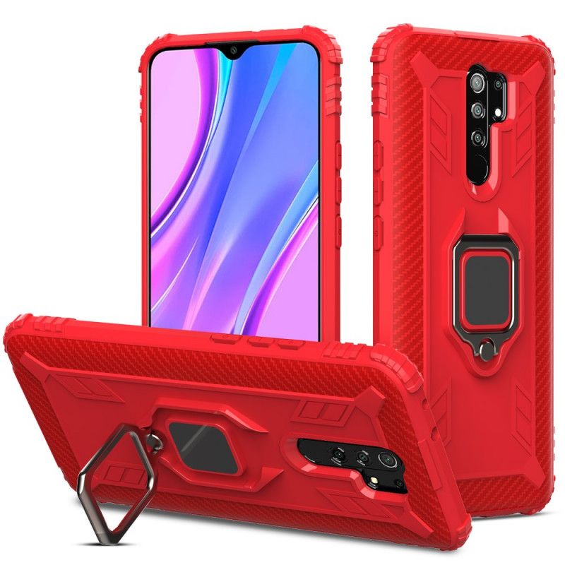 Etui Xiaomi Redmi 9 Czerwony Czarny Pierścień Z Włókna Węglowego