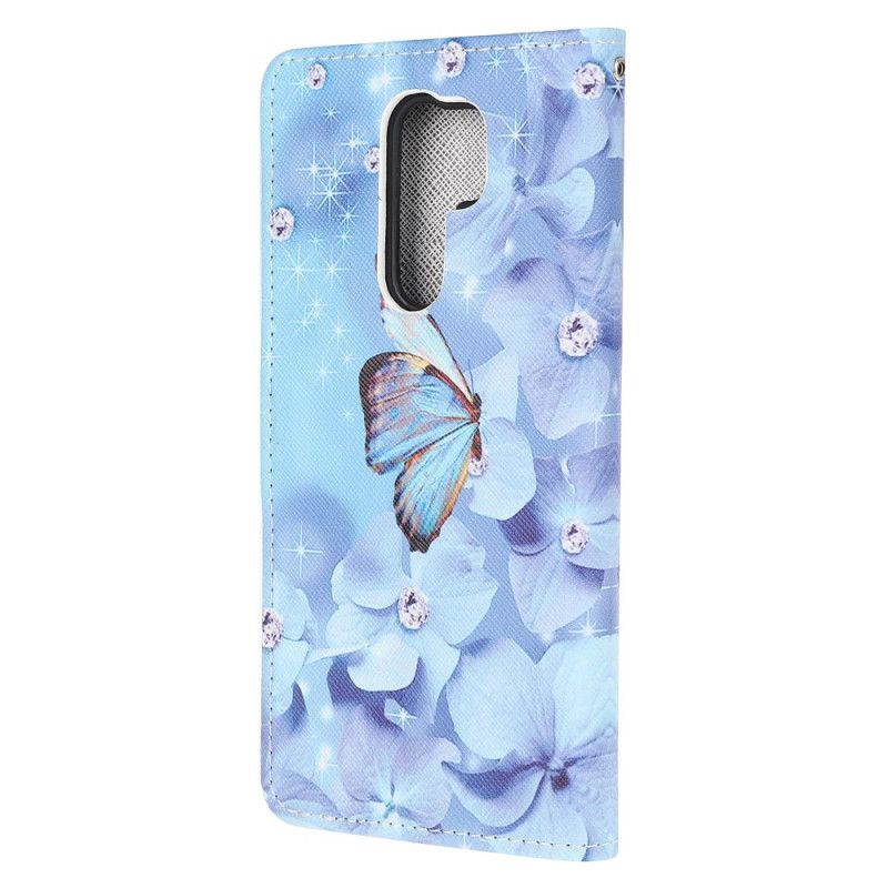 Skórzany Futerał Xiaomi Redmi 9 Etui na Telefon Diamentowe Motyle Ze Stringami