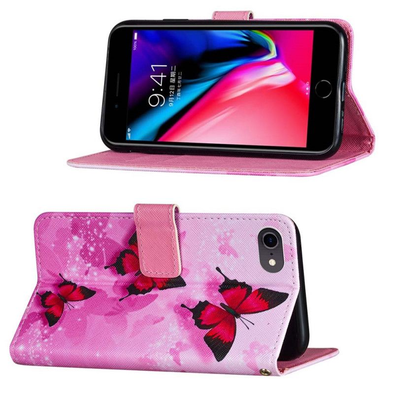 Etui Folio iPhone 7 / 8 / SE 2 Fioletowy Magenta Motyle Ze Sztucznej Skóry Z Teksturą Etui Ochronne