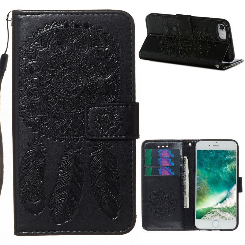 Etui Folio iPhone 7 / 8 / SE 2 Szary Czarny Nadruk I Pasek W Kształcie Łapacza Snów