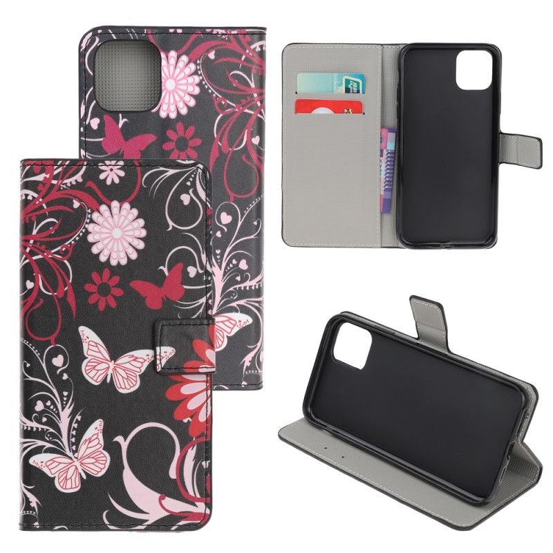 Etui Folio iPhone 12 Mini Biały Czarny Obłąkane Motyle Etui Ochronne