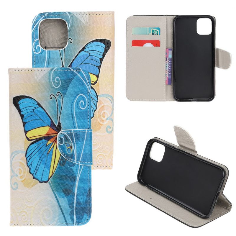 Etui Folio iPhone 12 Mini Fioletowy Jasnoniebieski Kolorowy Motyl Etui Ochronne