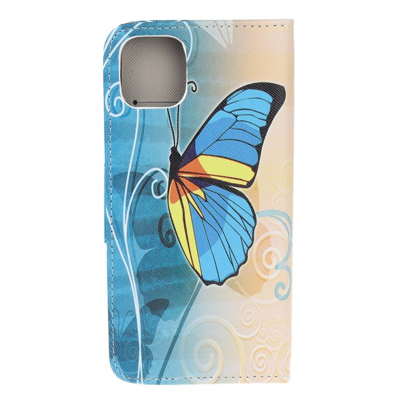 Etui Folio iPhone 12 Mini Fioletowy Jasnoniebieski Kolorowy Motyl Etui Ochronne