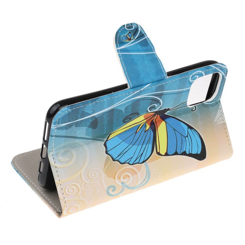 Etui Folio iPhone 12 Mini Fioletowy Jasnoniebieski Kolorowy Motyl Etui Ochronne