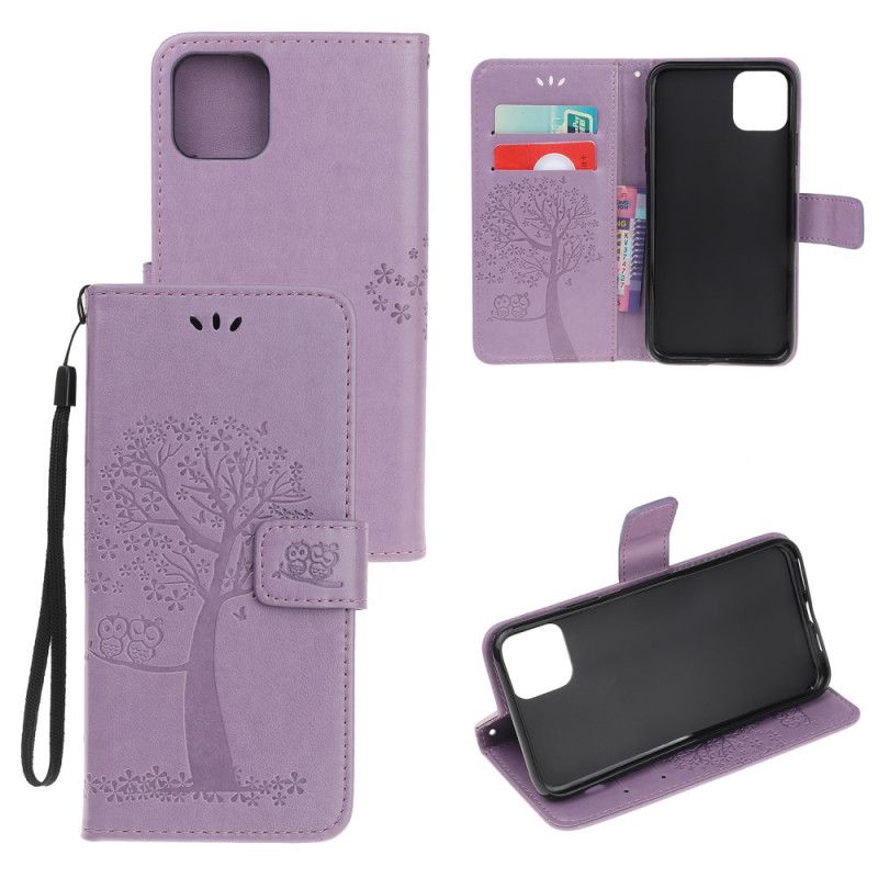 Etui Folio iPhone 12 Mini Szary Czarny Drzewo I Sowy Ze Stringami