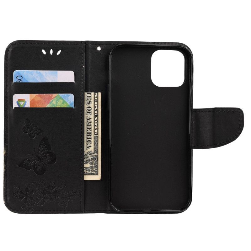 Etui Folio iPhone 12 Mini Szary Czarny Wspaniałe Motyle Stringi