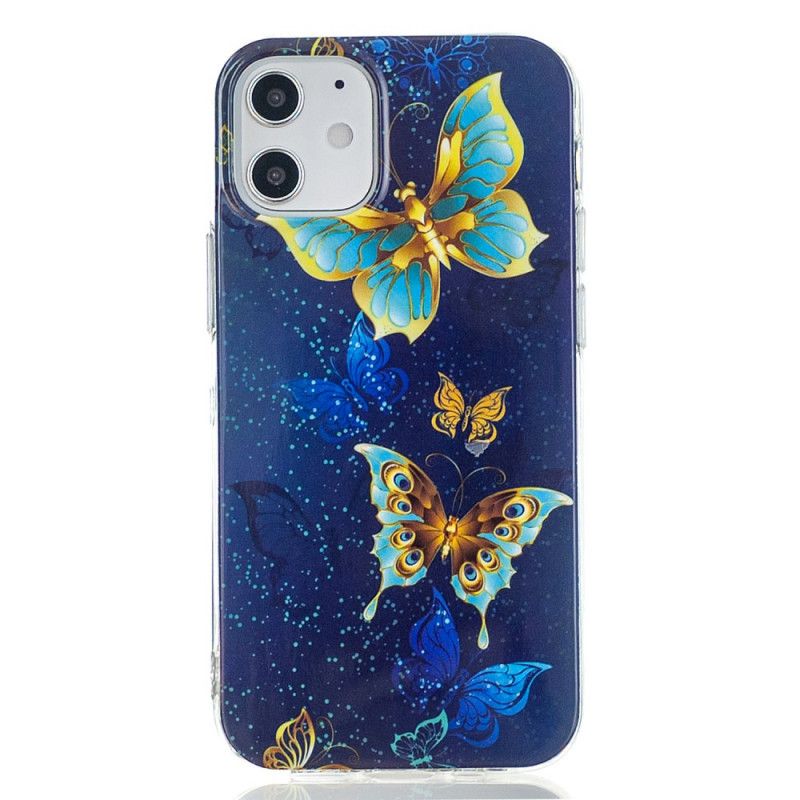 Etui iPhone 12 Mini Jasnoniebieski Ciemnoniebieski Fluorescencyjna Seria Motyli Etui Ochronne