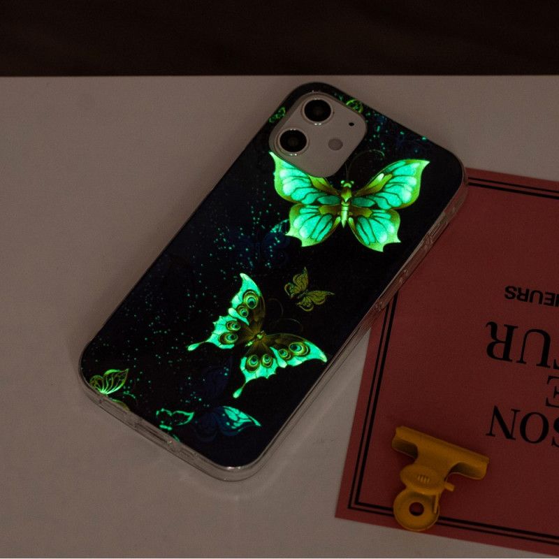 Etui iPhone 12 Mini Jasnoniebieski Ciemnoniebieski Fluorescencyjna Seria Motyli Etui Ochronne