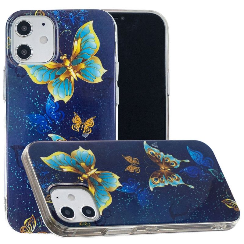 Etui iPhone 12 Mini Jasnoniebieski Ciemnoniebieski Fluorescencyjna Seria Motyli Etui Ochronne