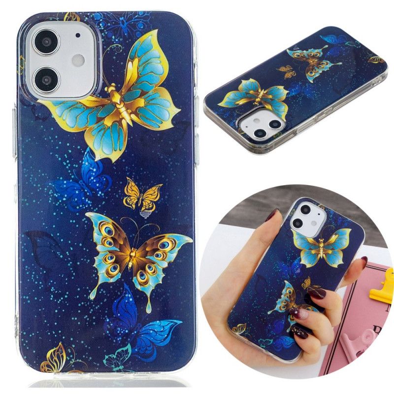 Etui iPhone 12 Mini Jasnoniebieski Ciemnoniebieski Fluorescencyjna Seria Motyli Etui Ochronne