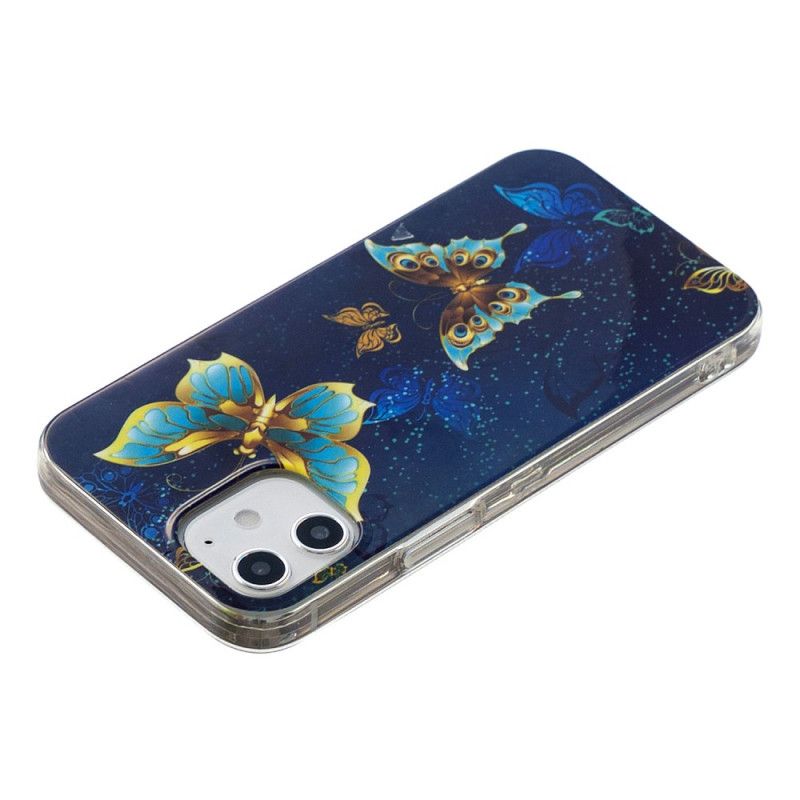 Etui iPhone 12 Mini Jasnoniebieski Ciemnoniebieski Fluorescencyjna Seria Motyli Etui Ochronne