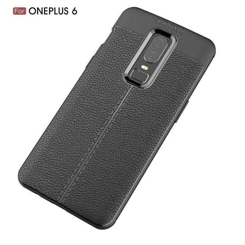 Etui OnePlus 6 Szary Czarny Efekt Skóry Z Podwójną Linią Liczi