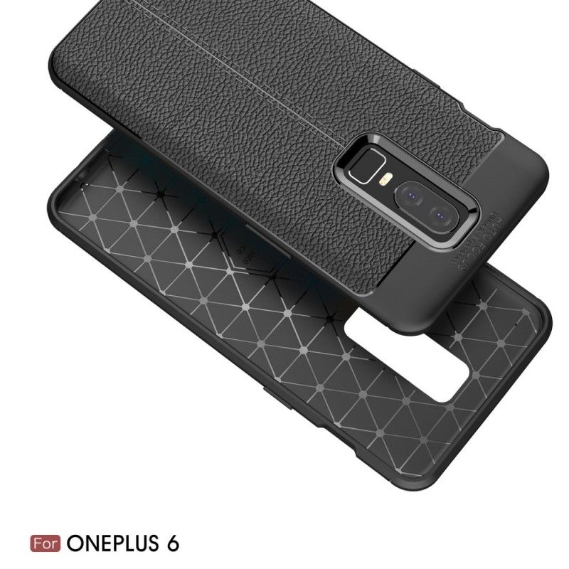 Etui OnePlus 6 Szary Czarny Efekt Skóry Z Podwójną Linią Liczi