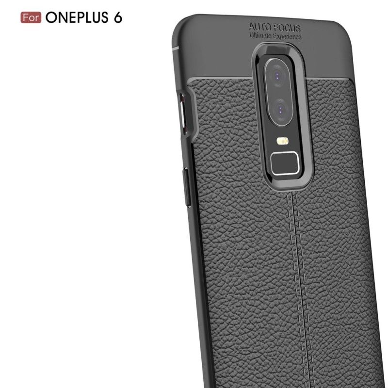 Etui OnePlus 6 Szary Czarny Efekt Skóry Z Podwójną Linią Liczi