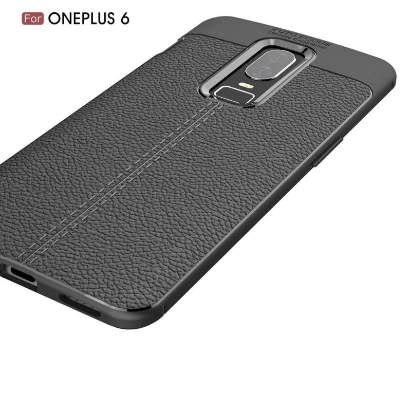 Etui OnePlus 6 Szary Czarny Efekt Skóry Z Podwójną Linią Liczi