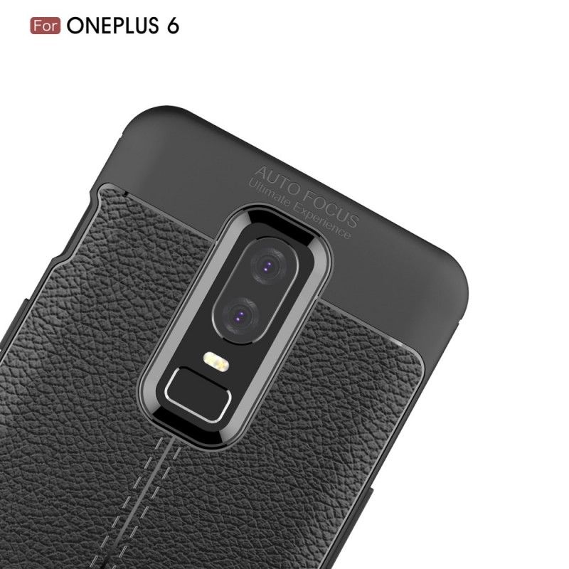 Etui OnePlus 6 Szary Czarny Efekt Skóry Z Podwójną Linią Liczi