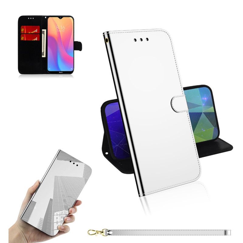 Etui Folio Xiaomi Redmi 8A Biały Czarny Osłona Lusterka Z Imitacji Skóry