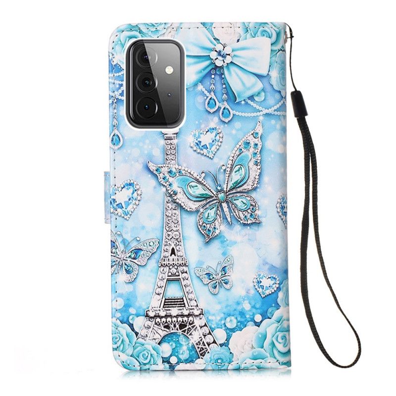 Etui Folio Samsung Galaxy A72 4G / A72 5G Motyle Wieży Eiffla Z Paskiem Etui Ochronne