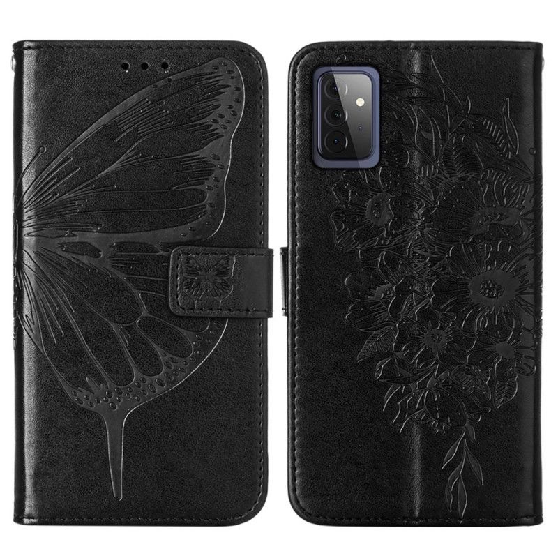 Etui Folio Samsung Galaxy A72 4G / A72 5G Szary Czarny Designerski Motylek Z Paskiem Etui Ochronne