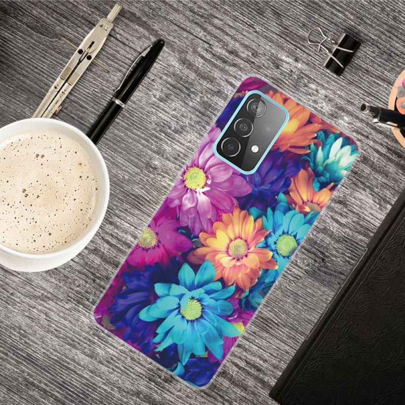 Etui Samsung Galaxy A72 4G / A72 5G Brązowy Pomarańczowy Elastyczne Kwiaty