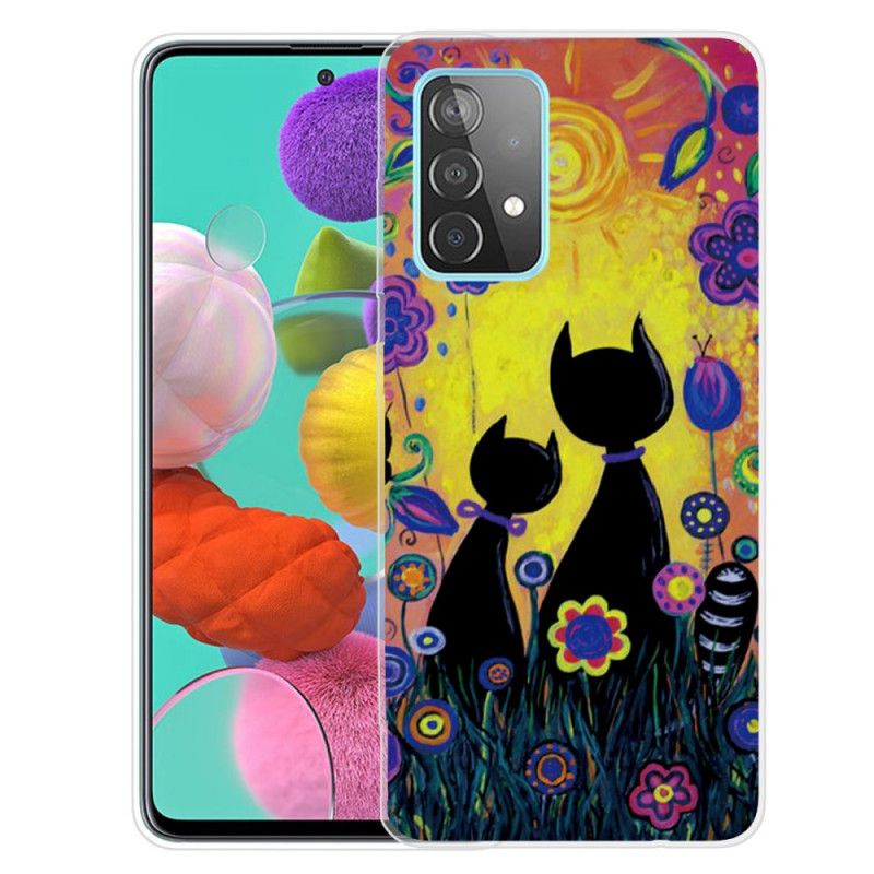 Etui Samsung Galaxy A72 4G / A72 5G Żółty Czarny Kot Rysunkowy Etui Ochronne