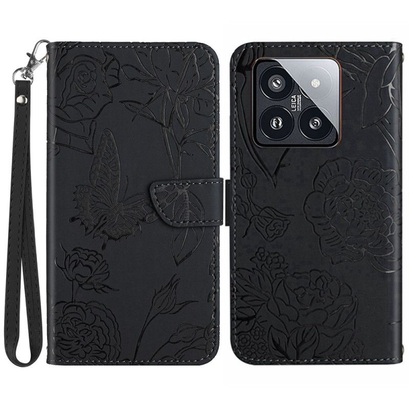 Etui Folio Xiaomi 14 Pro Nadruk W Kształcie Motyla Z Paskiem Etui Ochronne