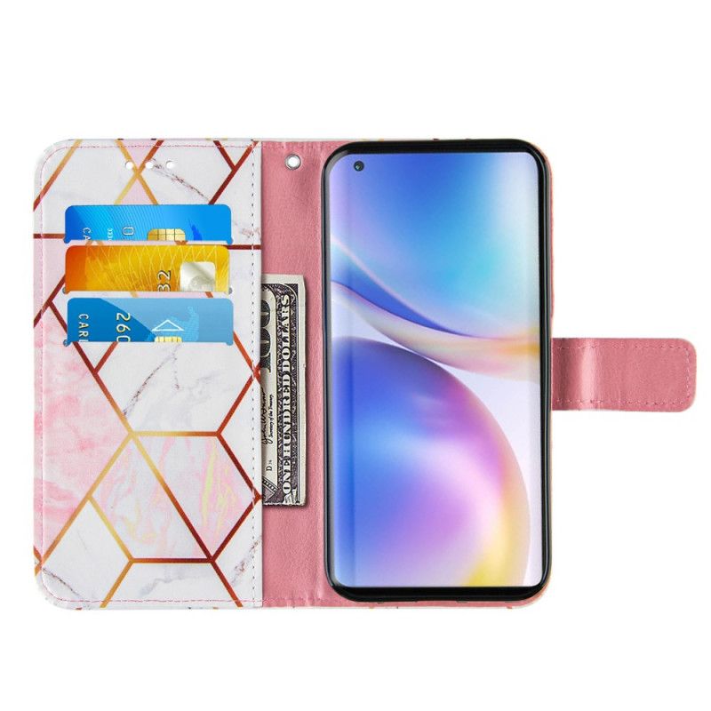 Etui Folio OnePlus 9 Pro Granatowy Różowy Geometryczny Marmur Z Paskiem Etui Ochronne