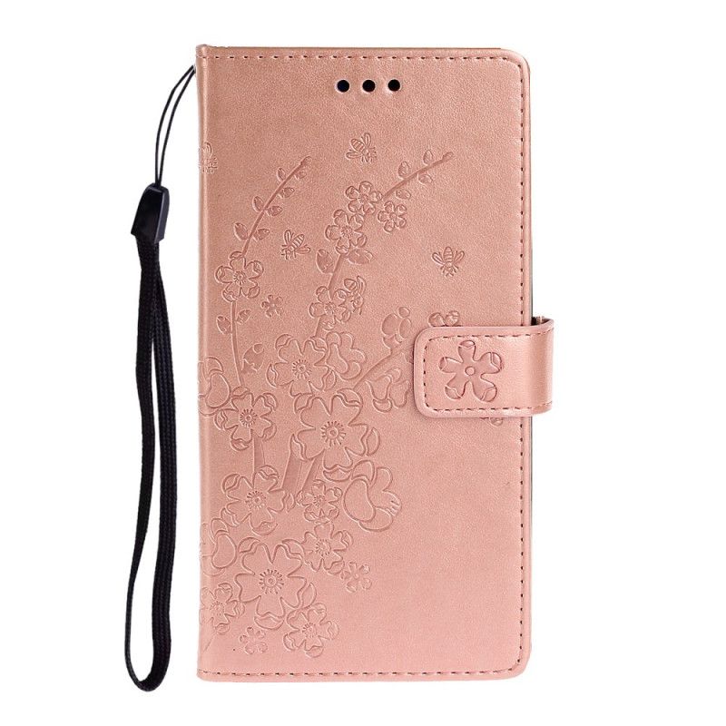 Etui Folio Samsung Galaxy A41 Brązowy Fioletowy Nadruk W Kwiaty Ze Stringami