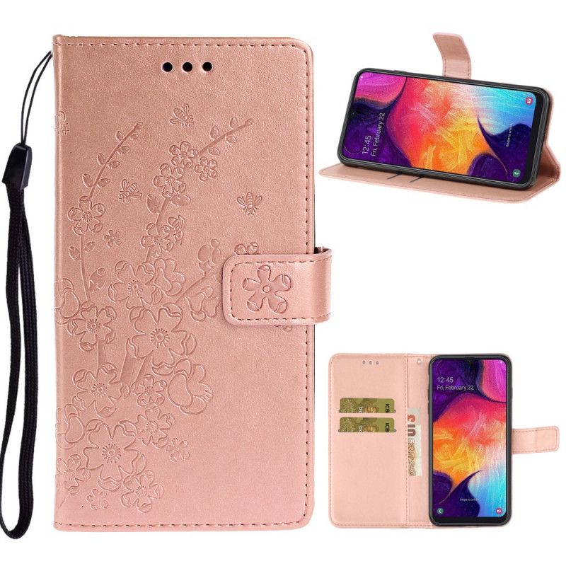 Etui Folio Samsung Galaxy A41 Brązowy Fioletowy Nadruk W Kwiaty Ze Stringami