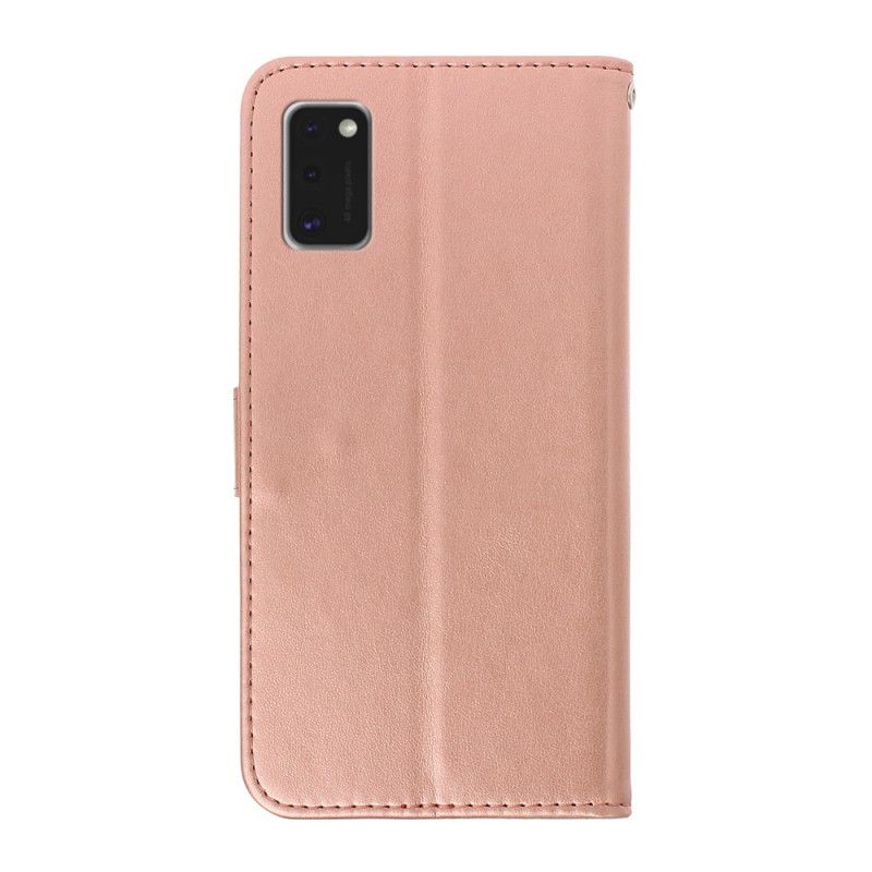 Etui Folio Samsung Galaxy A41 Brązowy Fioletowy Nadruk W Kwiaty Ze Stringami