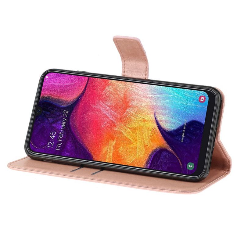 Etui Folio Samsung Galaxy A41 Brązowy Fioletowy Nadruk W Kwiaty Ze Stringami