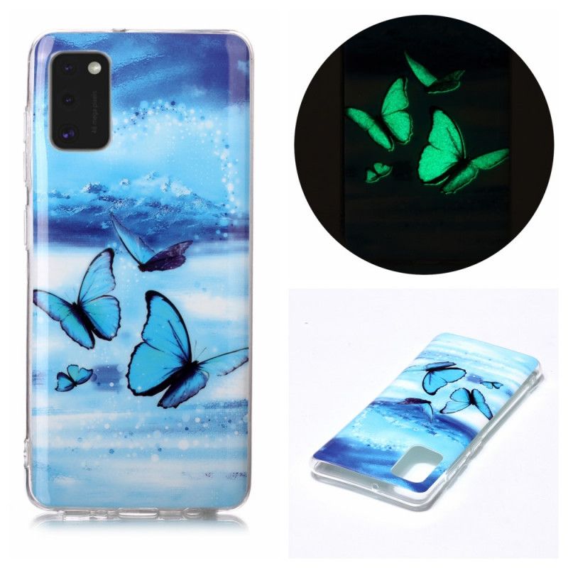 Etui Samsung Galaxy A41 Fioletowy Jasnoniebieski Fluorescencyjna Seria Motylkowa