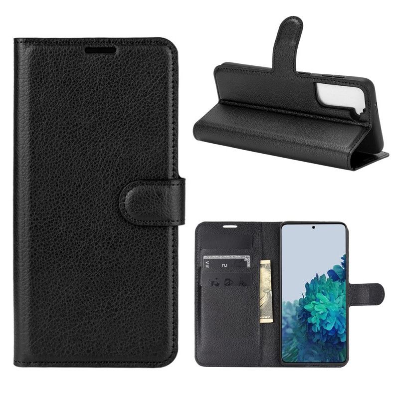 Etui Folio Samsung Galaxy S21 5G Biały Czarny Klasyczna Imitacja Skóry Liczi Etui Ochronne