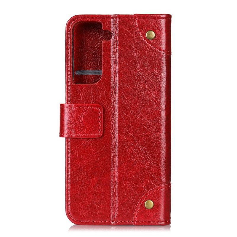 Etui Folio Samsung Galaxy S21 5G Czerwony Czarny Nity W Stylu Vintage Ze Skóry Nappa